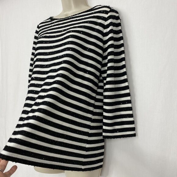 Talbots Sweater Womens Large Sequin Striped Black White Scoop Neck Top Holiday - Picture 3 of 8